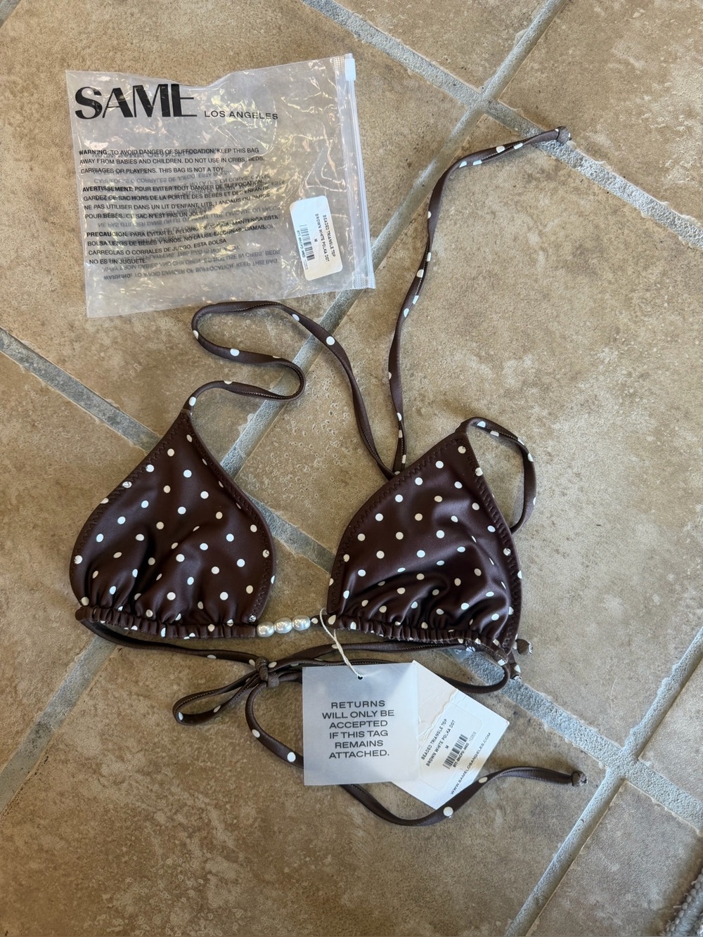 SAME Swim Brown Polka Dot Pearl Bikini Top NWT Size M